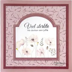 Karte in Altrosa mit Mohnblumen-Motiv im Bogenrahmen und Text Veel sterkte, we denken aan jullie