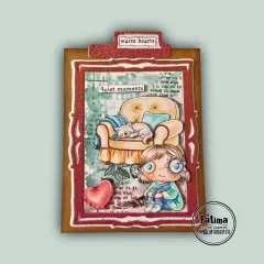 Rote Karte mit Sessel, schlafender Katze, Mädchen, Herz und Etiketten quiet moments