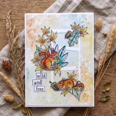 Karte mit zwei Eichhörnchen, Eicheln, gelben Blüten und Etiketten wild and free