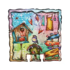 Bunte Karte mit Vogelhaus, Wegweiser, Wäscheleine, Vogel und Pilzhaus