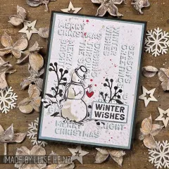 Karte mit Schneemann vor Hintergrund aus Sprüchen und Schild Winter wishes