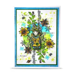 Karte mit Zouki-Mädchen zwischen Sonnenblumen, Mandala-Blüten und Ranken