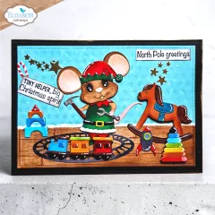Weihnachtskarte mit Elfenmaus in Spielzeugwerkstatt und Stempeltexten North Pole greetings und Tiny helper