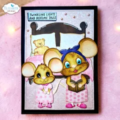 Rosa Karte mit zwei Mäusen im Nachthemd vor Bett und Spruch Twinkling lights and bedtime tales