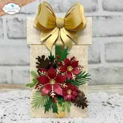 Cremefarbener Kartenhalter mit goldener Schleife, dunkelroten Weihnachtssternen und Tannenzapfen