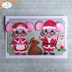 Karte mit Weihnachtsmann-Maus und Mrs. Claus-Maus samt Nice List vor grünem Strickmuster