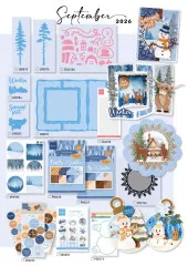 Katalogdoppelseite mit Frosty-Winter-Produkten: Stanzformen, Papier, Sticker und weihnachtlichen Bastelkarten