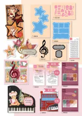 Katalogdoppelseite mit Musik-Motiven: Biber-Karten 'Let's Rock', Notenschlüssel-Stanzform, Klavier-Bastelkarte und Weihnachtslieder-Booklets