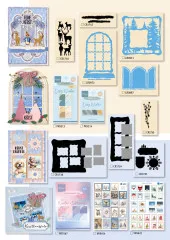 Katalogseite mit weiteren Weihnachtsprodukten wie Spitzenrahmen, Glocken-Stanzen und Briefmarken-Layouts sowie fertigen Karten.
