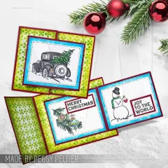 Klappkarte mit drei Feldern: Oldtimer, Merry Christmas mit Zweig und Schneemann mit Joy to the world