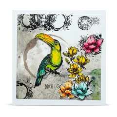 Klassische Bastelkarte mit Tukan, Blumenranken und Stempel-Drucken