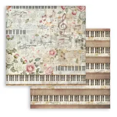 Designpapier mit Klaviertasten, Rosen und Notenlinien in Beige- und Rosatönen