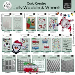 Übersicht der Kollektion Jolly Waddle & Wheels von Carla Creates mit Stempeln, Stanzformen und Prägeschablonen