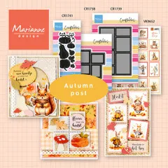 Übersichtsgrafik der "Autumn post"-Kollektion mit Kürbis- und Briefmarken-Layout-Stanzen sowie fertigen Herbstkarten.