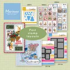 Übersichtsgrafik der Briefmarken-Layout-Kollektion mit Stanzformen, Bildmappen und fertigen Weihnachtskarten.