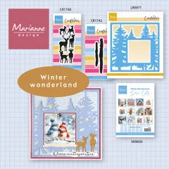 Übersichtsgrafik der Winter-Wonderland-Kollektion mit Stanzformen, Bildmappe und fertiger Schneemann-Karte.