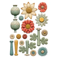 Farbig bemalte Abgüsse: Sonnenblumen, Gänseblümchen, Mohnkapseln, Blätter und Stiele