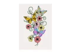 Bunt kolorierte Illustration mit Schmetterlingen und Blumenranken als Gestaltungsbeispiel.