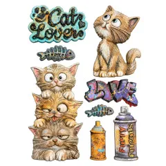 Bemalte Abgüsse: staunende Katze, Katzenturm, Cat Lover, Love-Graffiti, Fischgräten und Spraydosen