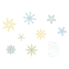 Kolorierte Schneeflocken-Motive in Gold, Blau, Grün und Petrol, freigestellt ohne Verpackung.