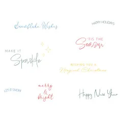 Kolorierte winterliche Sprüche wie „Snowflake Wishes" und „Happy New Year" in Blau, Rot, Grün und Gold, freigestellt ohne Verpackung.
