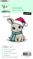Verpackungsrückseite mit kolorierter Beispielkarte des gestempelten beigen Hasen Benjamin in roter Weihnachtsmütze und türkisem Schal, mit Artikelnummer und EAN