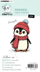 Verpackungsrückseite mit kolorierter Beispielkarte des gestempelten Pinguins Elvis in Bommelmütze und Schal, mit Artikelnummer und EAN