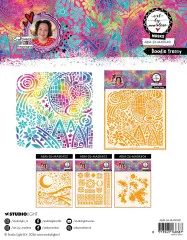 Mit der Schablone erzeugtes buntes Doodle-Motiv neben der Schablone selbst und den drei weiteren Art-by-Marlene-Masken.
