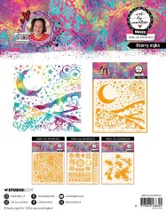 Mit der Schablone erzeugtes buntes Sternenhimmel-Motiv neben der Schablone selbst und den drei weiteren Art-by-Marlene-Masken.