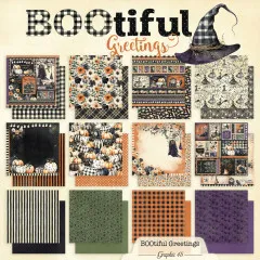 BOOtiful Greetings Papierblock-Übersicht mit Hexenhut, alle 12 Designs und Musterbögen in Schwarz, Orange, Grün und Lila