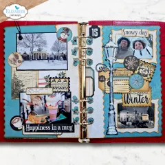 Aufgeschlagener Memory Binder mit Doppelseite: Links Winterfotos mit gestanztem Lamppost, rechts Snowy Day Seite mit Laterne und Schneeflocken-Rahmen