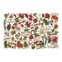 Alle 83 Papierelemente des Christmas Botanical Sets ausgelegt: rote Poinsettien, Blätter, Vintage-Postkarten, Zahlen, Glöckchen und Schriftzüge