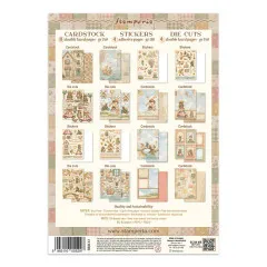 Übersichtstafel aller 16 Seiten des Junk Journals mit Cardstock, Sticker und Die-Cuts Inhalte und Zertifizierungen