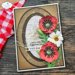 Kraftfarbene Karte mit roten Mohnblüten und weißer Gänseblümchen-Blüte, Sprüche „Where wildflowers grow, happiness follows“ und „With love“.
