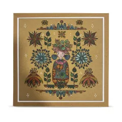 Kraftkarte mit Zouki-Mädchen, umrahmt von Mandala-Blüten und Bordüren