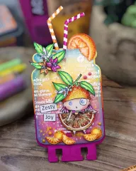 Bunte Bastelkarte in Einmachglas-Form mit süßer Orangen-Figur und Schriftzug Zesty Joy.