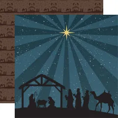 Dunkelbraun Papier mit Krippen-Silhouetten, Dunkelblau Papier mit großem Stern und Lichtstrahlen-Motiv, Krippe und Weihnachtsszenerie in Silhouette