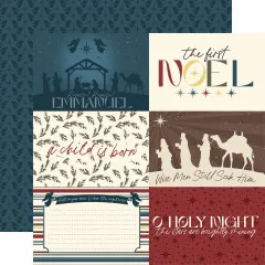 Dunkelblau Papier mit Krippe-Silhouetten und Sternen, Tannenzweig-Muster in Dunkelblau, Designpapiere mit Weihnachtstexten