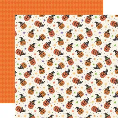 Designpapier mit Kürbissen in Hexenhüten und Sternen auf cremefarbenem Grund / Rückseite: oranges Rautenmuster