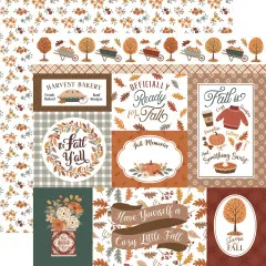 Designpapier mit Kürbis-, Sonnenblumen- und Blätter-Streumuster auf Weiß / Rückseite: gelbes Punktmuster