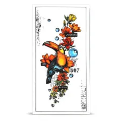 Längliche Karte mit Tukan auf Ast und orangefarbenen Blüten