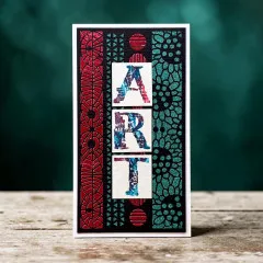 Längliche Bastelkarte mit roten und türkisen Stempel- und Schablonenmustern