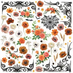Laser-Cut-Bogen mit Herbstblumen, Mohn, Ranunkeln und schwarzen Spinnennetz-Ecken