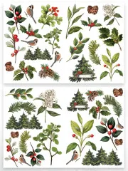 Vier Laser-Cut-Bögen mit Stechpalmenzweigen, Tannenzweigen, Zapfen, Beeren und Wintervögeln zum Ausschneiden