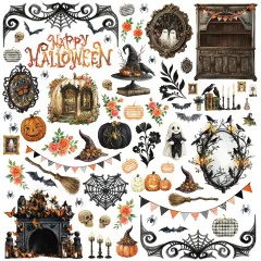 Laser-Cut-Bogen mit Happy-Halloween-Schriftzug, Hexenhut, Kürbishaus, Kamin und Wimpeln