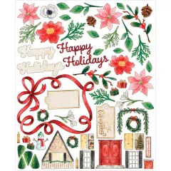 Laser-Cut-Bogen mit Weihnachtssternen, roter Schleife, Häuschen, Türen und Happy Holidays