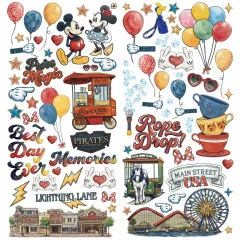 Laser-Cut-Bogen mit Popcornwagen, gestapelten Teetassen, Riesenrad und Schriftzügen wie „Rope Drop!" und „Best Day Ever".