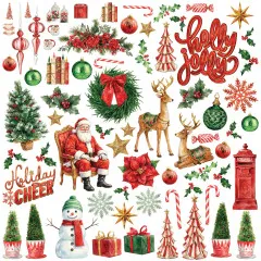 Laser-Cut-Bogen mit Weihnachtsmann im Sessel, Rentieren, Schneemann, Christbäumen und Holly Jolly