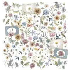 Nahaufnahme der Laser-Cut-Teile mit Mohnblumen, Sonnenblumen, Hortensien, Schwalben und Bienen.