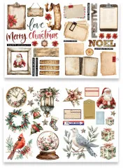 Zwei Stanzbögen mit 'Merry Christmas'-Schriftzug, Holzschildern, Uhr, Laterne, Kranz, Kardinal, Schneekugel und Geschenkboxen.